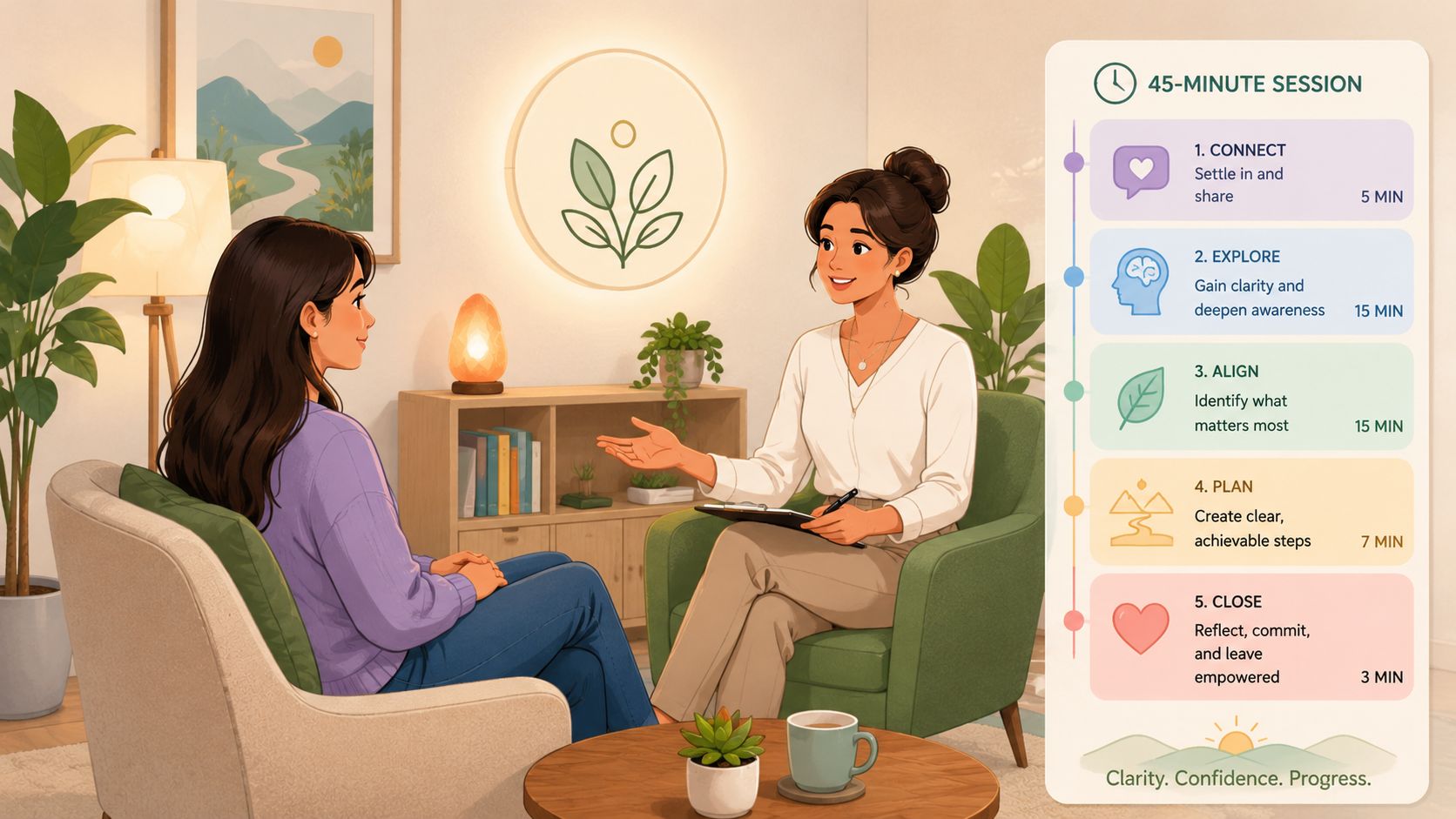 Une thérapeute accompagne une cliente lors d'une séance de coaching structurée pour favoriser le bien-être mental.