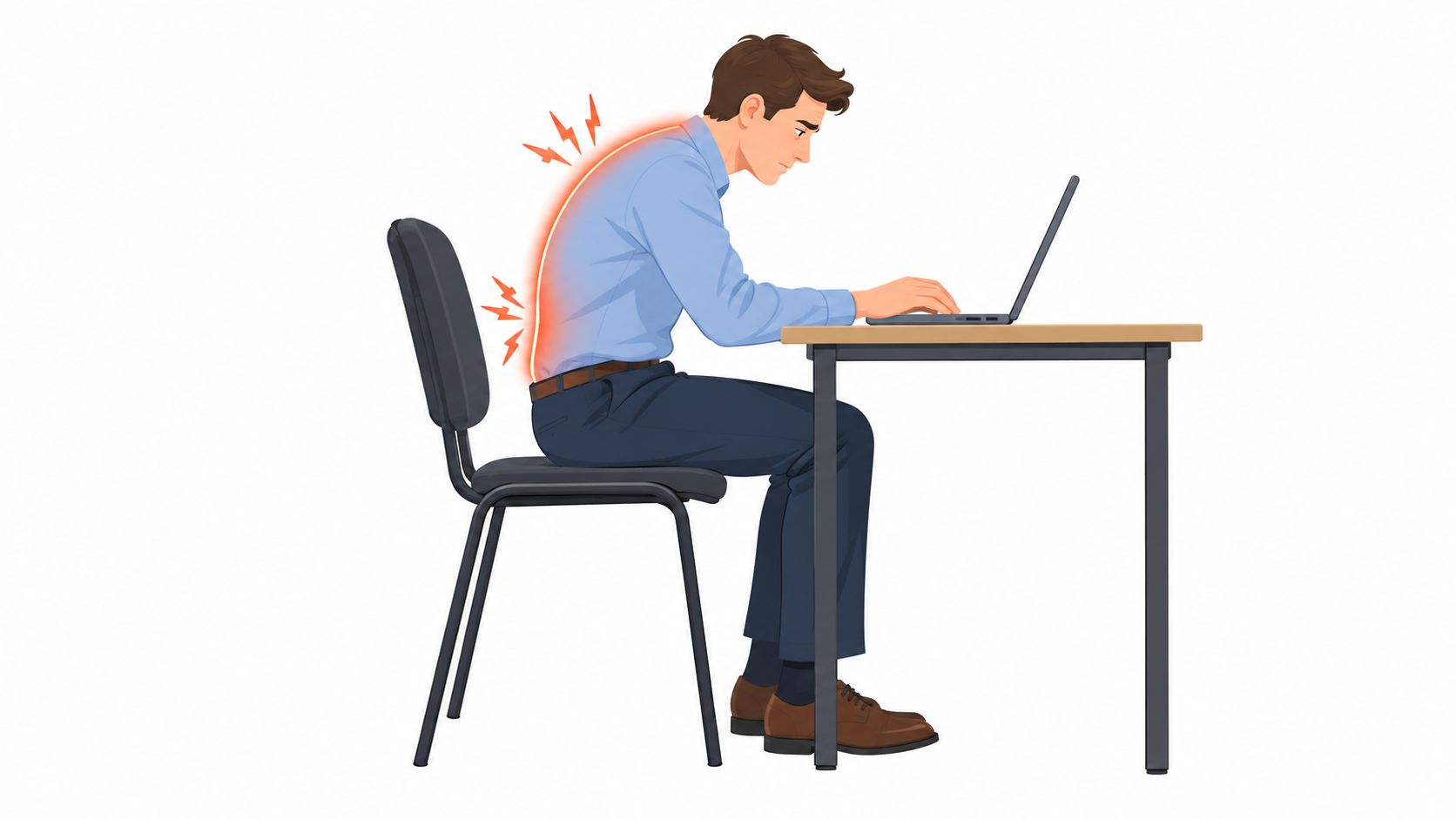 Un homme travaillant sur un ordinateur portable avec une mauvaise posture provoquant des douleurs au dos