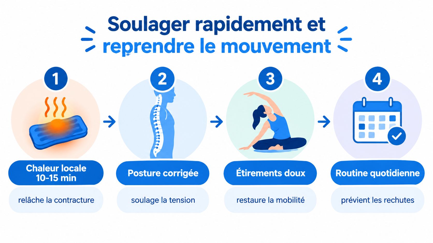Une infographie en quatre étapes expliquant comment soulager les douleurs musculaires du dos et reprendre le mouvement.