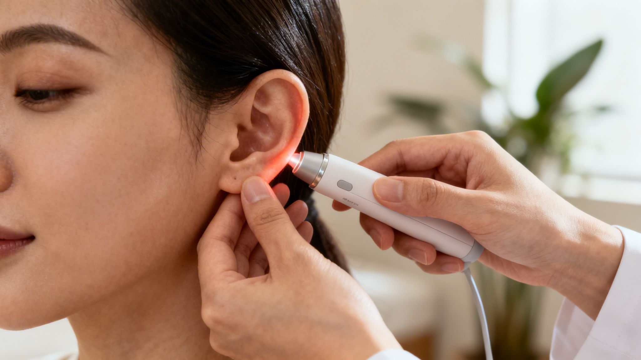 Sevrage médicaments naturel : votre guide pour un arrêt en toute sécurité 4 Un professionnel de santé examine l'oreille d'un patient avec un appareil émettant une lumière rouge.