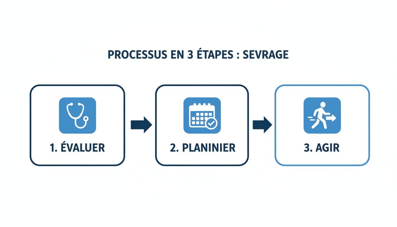 Sevrage médicaments naturel : votre guide pour un arrêt en toute sécurité 3 Infographie illustrant le processus de sevrage en 3 étapes: évaluer, planifier et agir, avec des icônes.