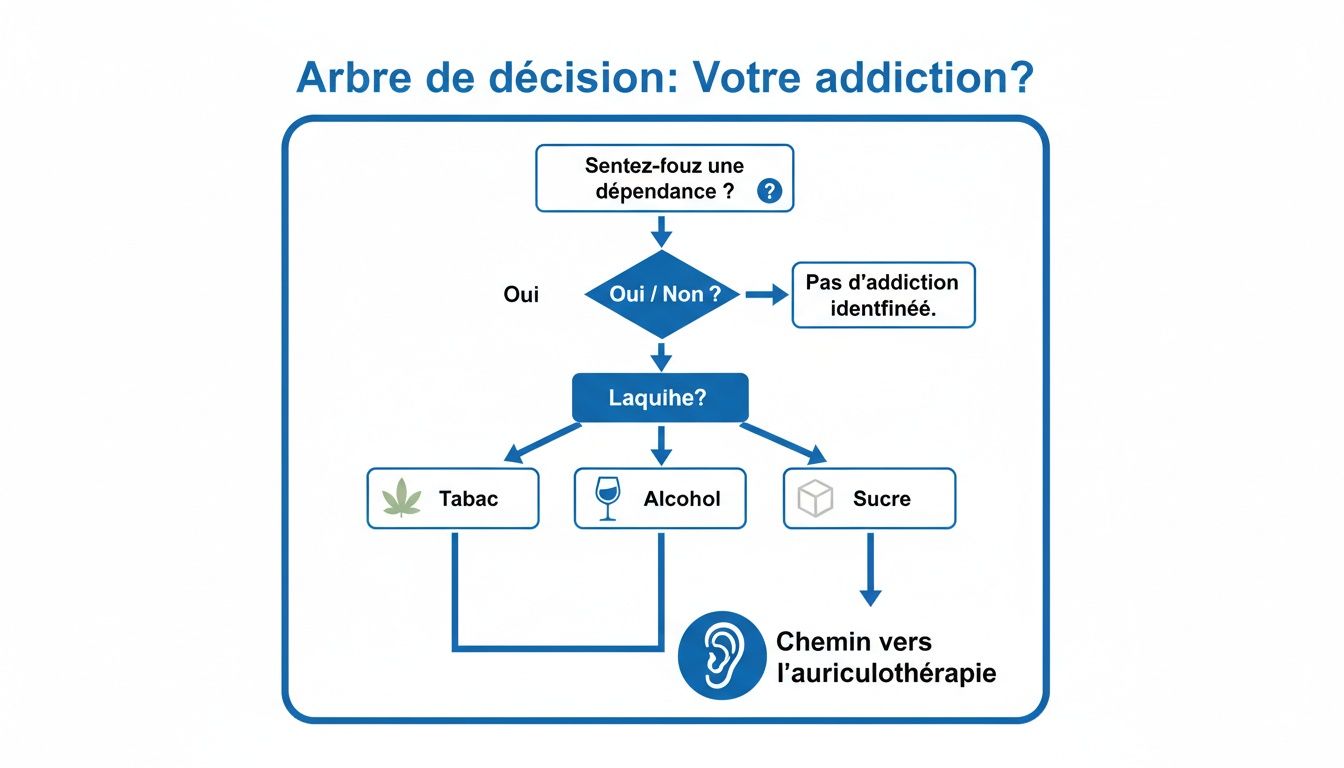 Arbre de décision pour évaluer une dépendance au tabac, à l'alcool ou au sucre, orientant vers l'auriculothérapie.