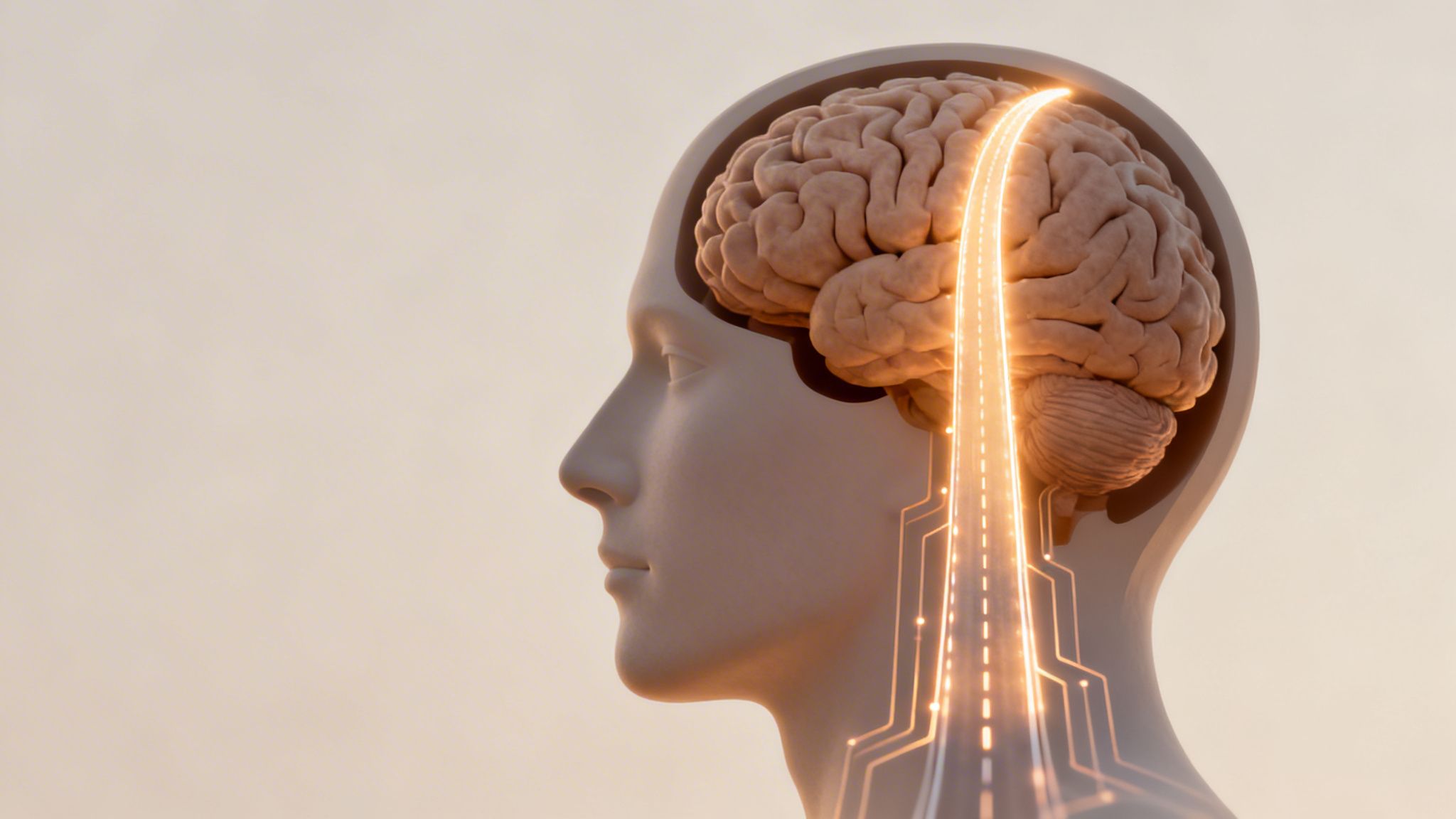 Profil de tête humaine avec cerveau exposé, un chemin lumineux traversant et symbolisant la pensée ou l'activité neuronale.