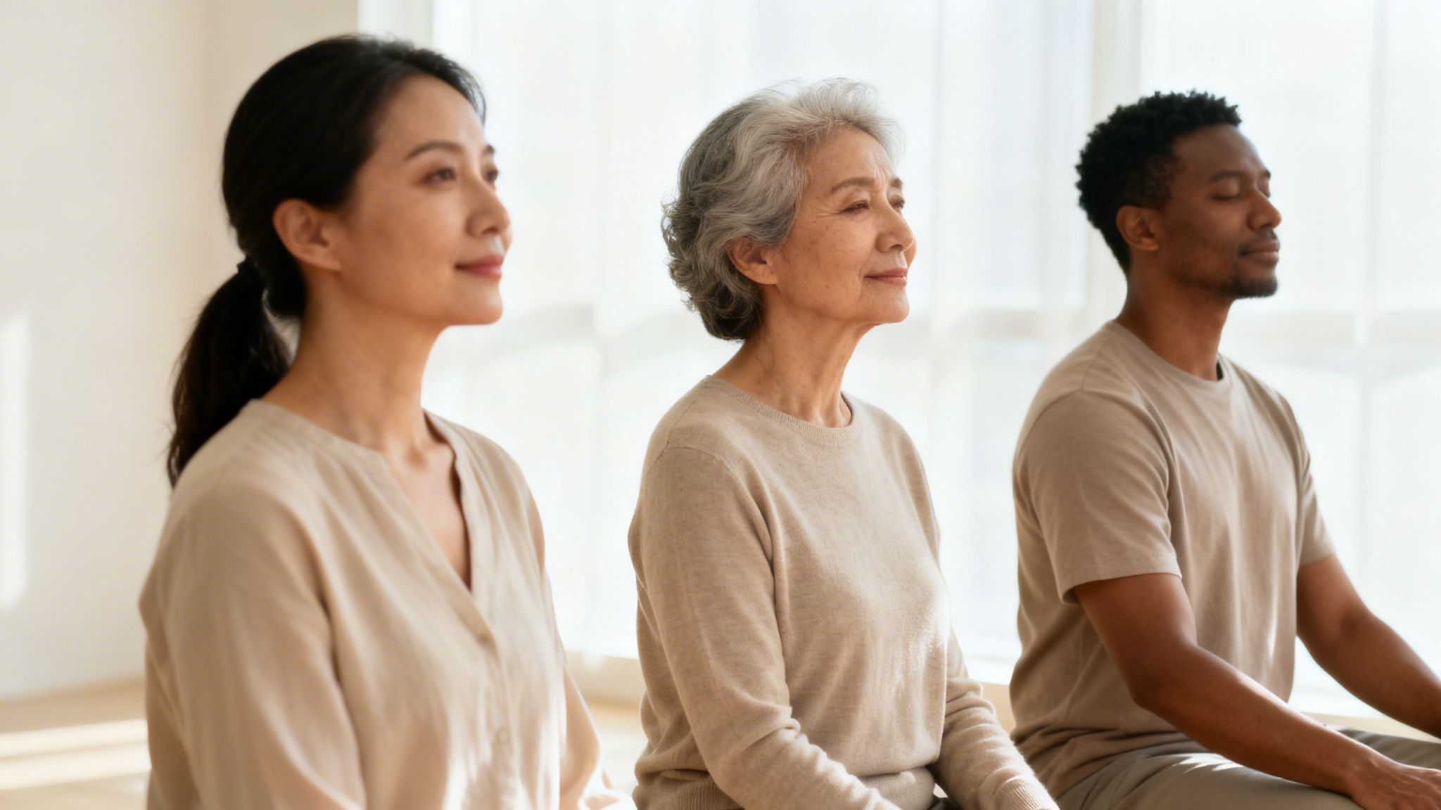 Trois personnes de différentes générations et ethnies méditent ensemble dans une pièce lumineuse, dégageant calme et sérénité.