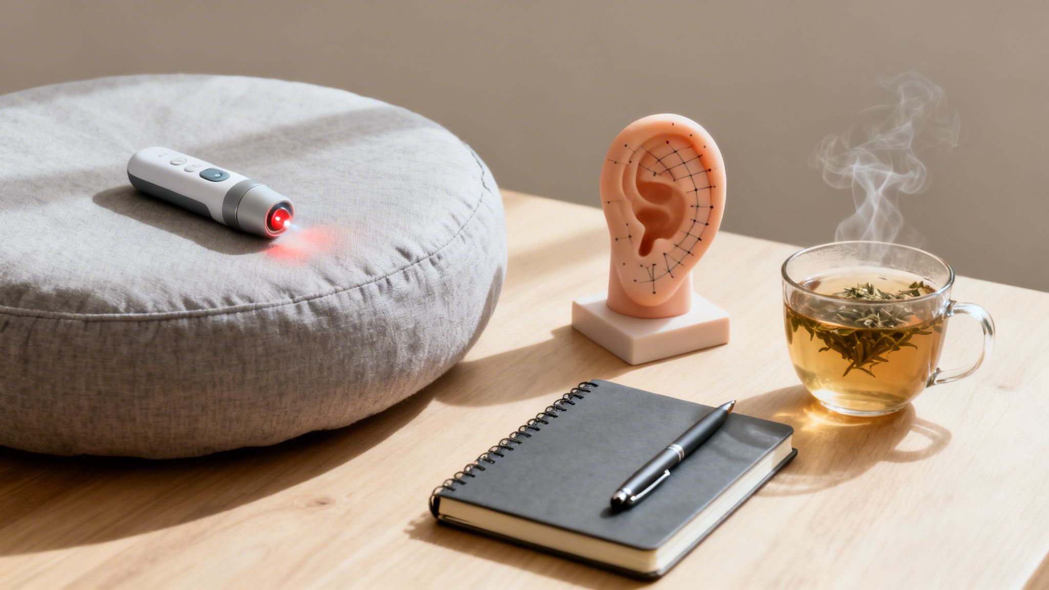 Image montrant un dispositif de thérapie par lumière rouge, un modèle d'oreille d'acupuncture, du thé fumant et un carnet sur une table en bois.