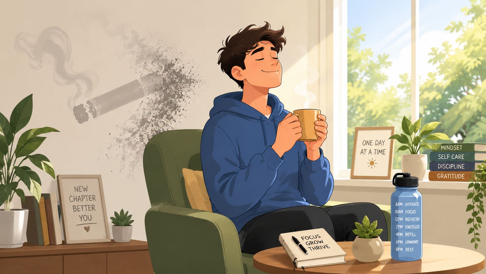 Un jeune homme détendu profitant d'une tasse de café chaud dans un intérieur lumineux et paisible.