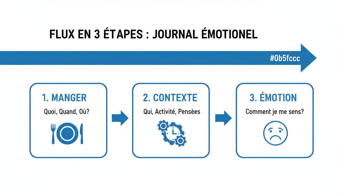 Schéma décrivant les 3 étapes d'un journal émotionnel: manger, contexte et émotion pour comprendre le grignotage.