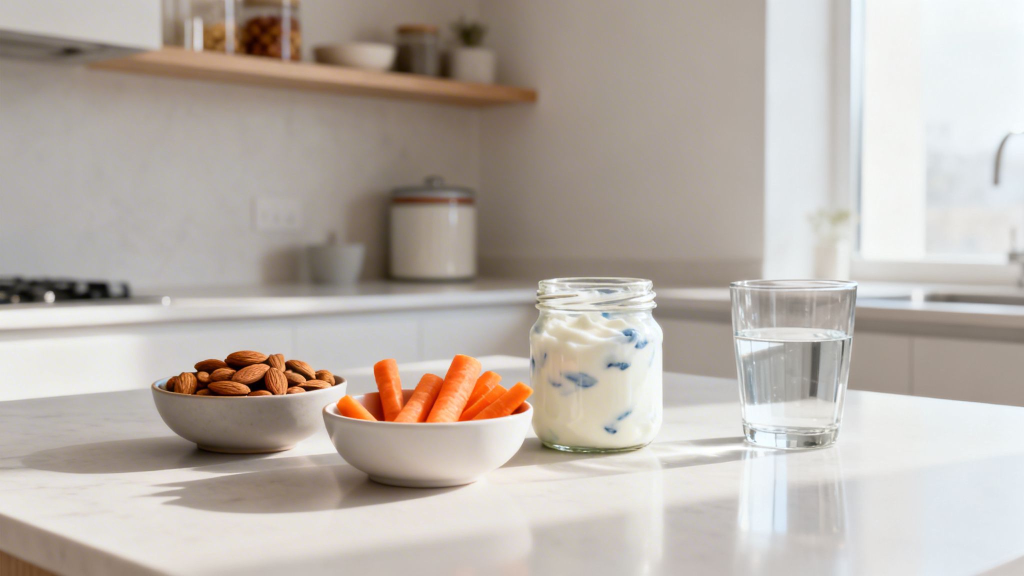 Des amandes, des bâtonnets de carottes, du yaourt aux myrtilles et de l'eau sur un comptoir de cuisine, représentant des collations saines.