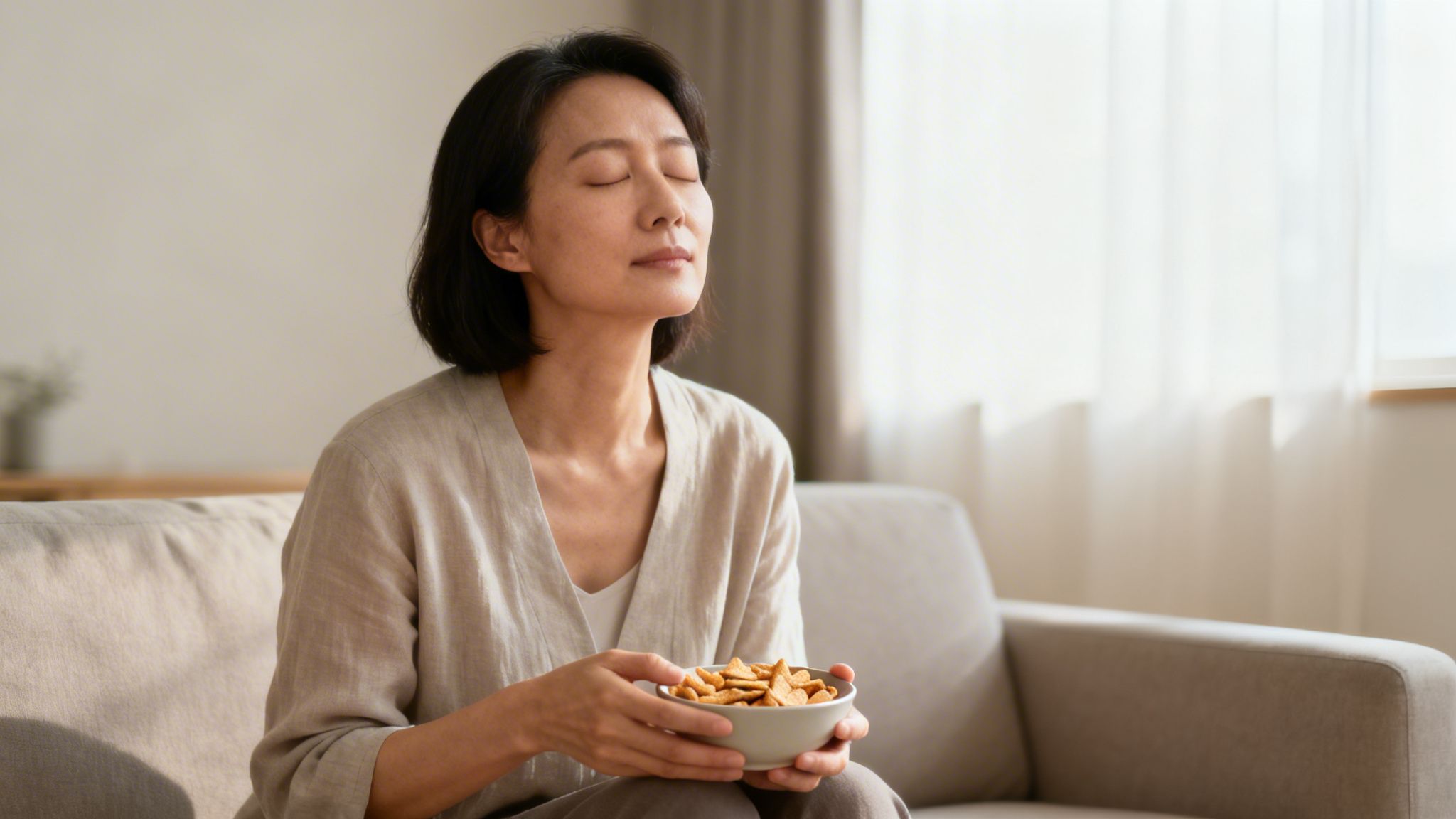 Une femme sereine aux yeux fermés, tenant un bol de collations, assise sur un canapé clair.