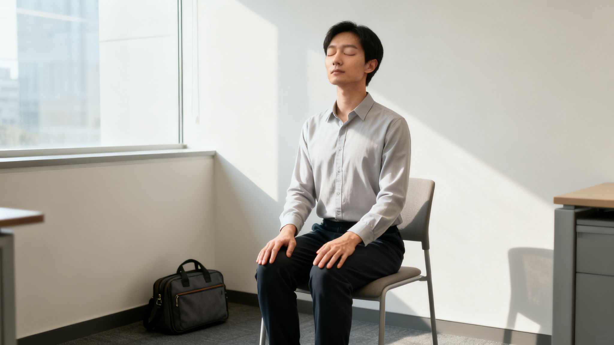 Un homme asiatique médite calmement sur une chaise dans un bureau moderne, les yeux fermés.