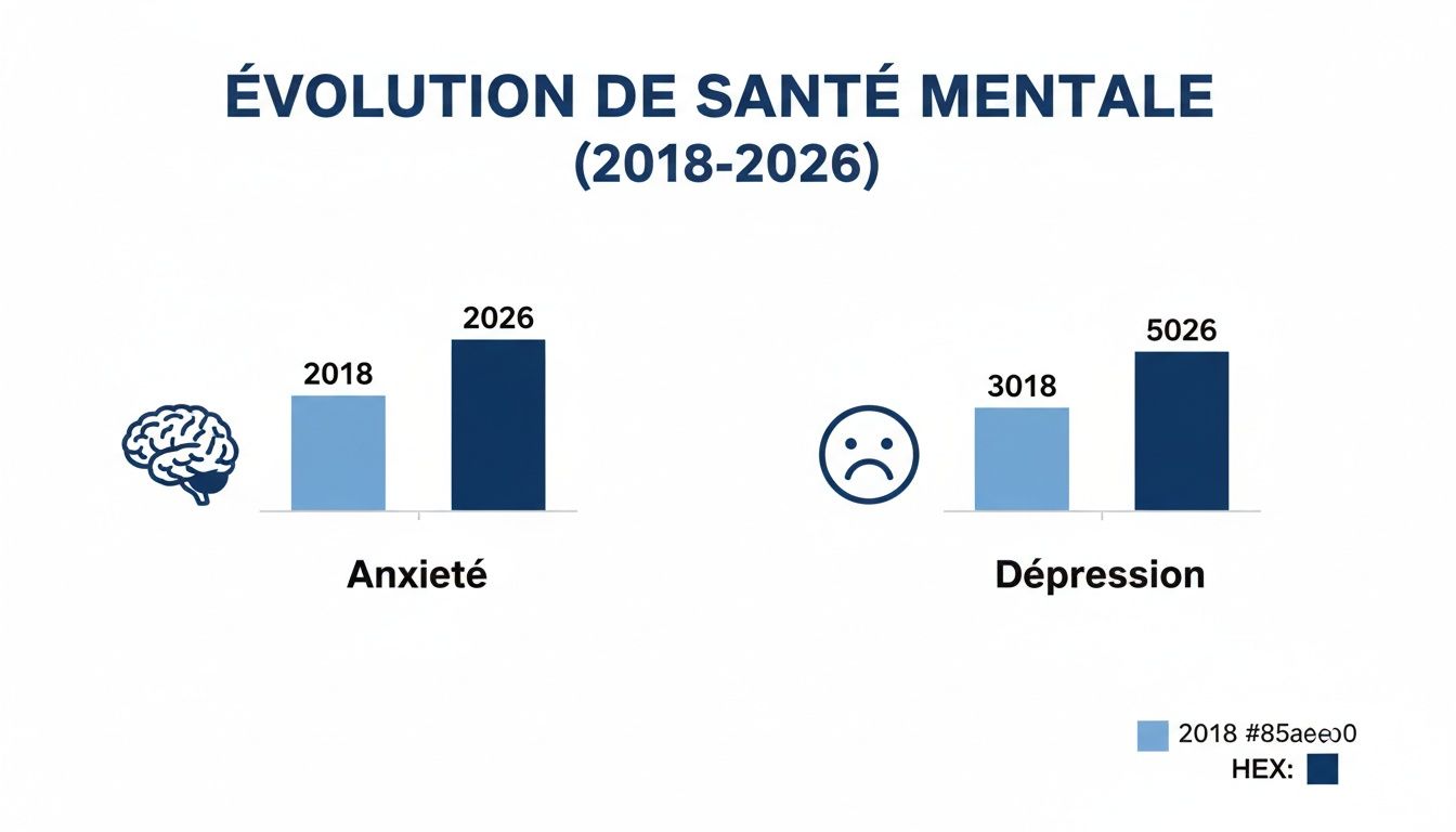 Graphique sur l'évolution de l'anxiété et de la dépression entre 2018 et 2026, illustrant une hausse.