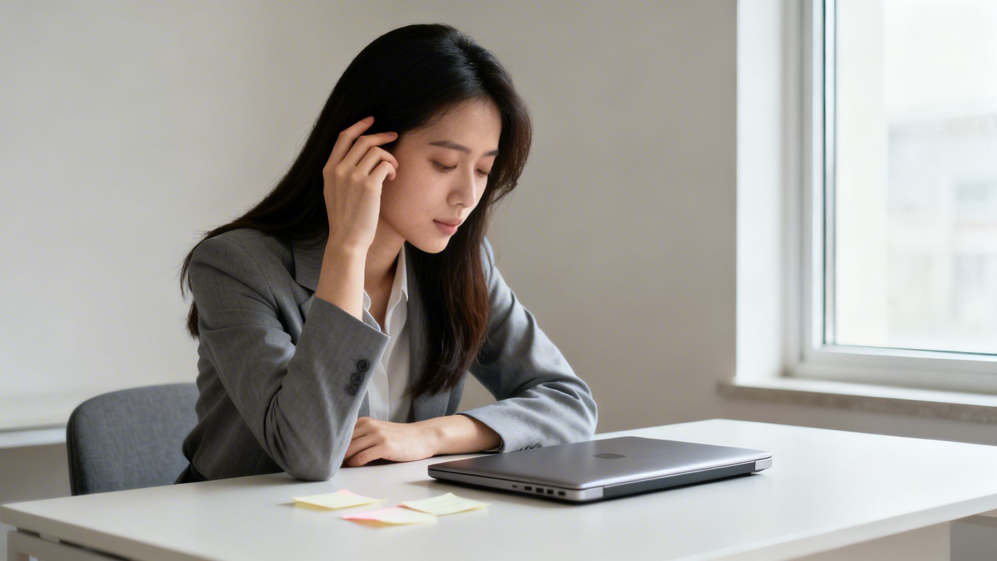 Une femme asiatique pensive au bureau, les yeux baissés, avec un ordinateur portable et des notes adhésives.