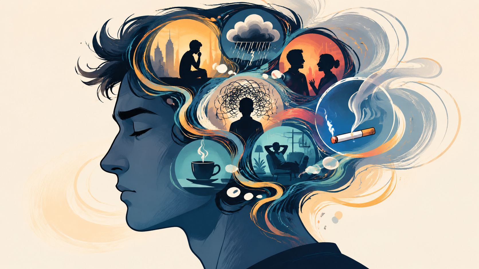 Traitement dépendance nicotine sans substitut ni médicament 1 Illustration stylisée d'un profil humain représentant des pensées complexes, des émotions variées et la dépendance au tabac.