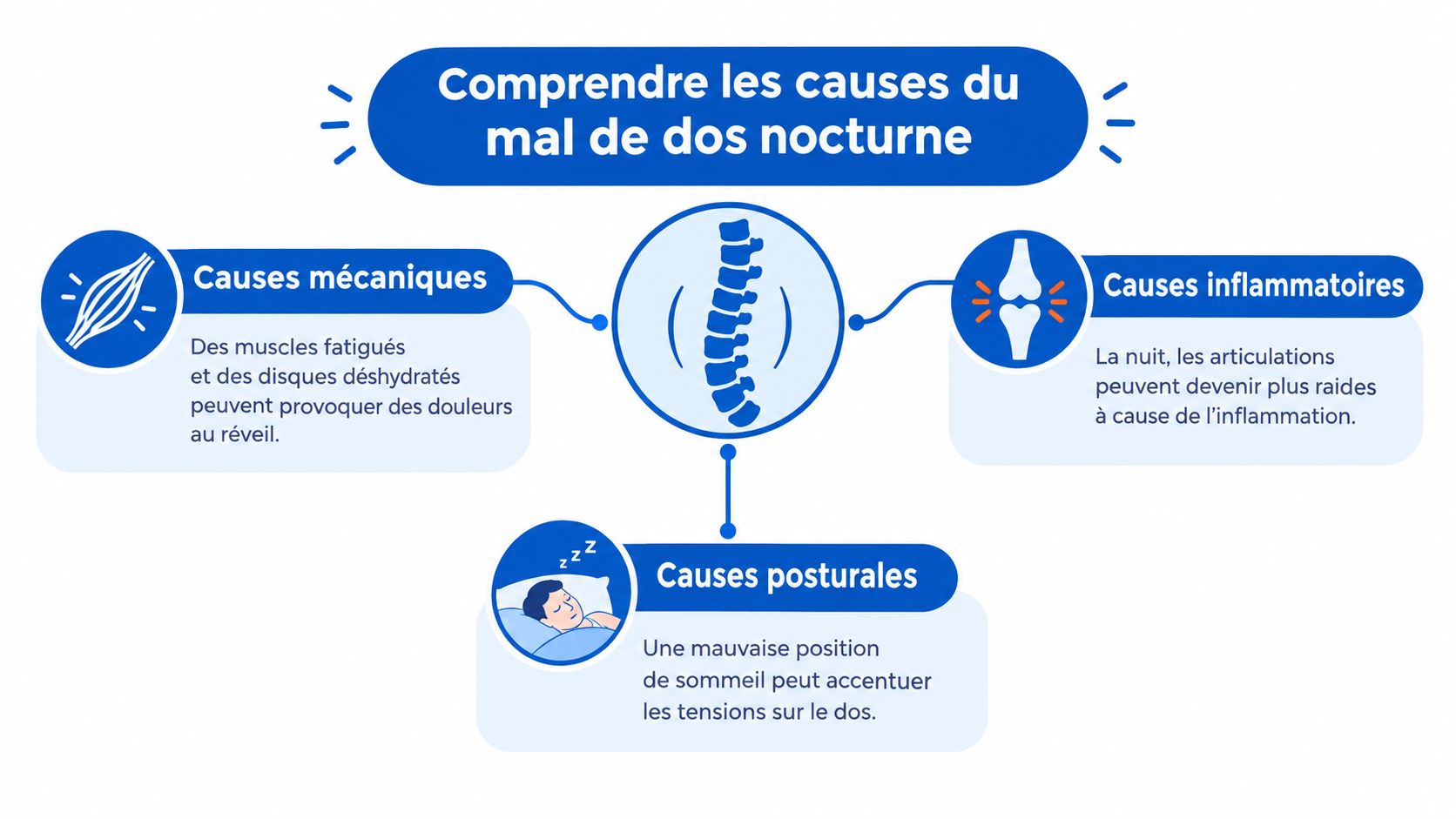 Mal de dos la nuit : causes et solutions pour dormir 1 Infographie illustrant les trois causes principales du mal de dos nocturne : mécaniques, inflammatoires et posturales.