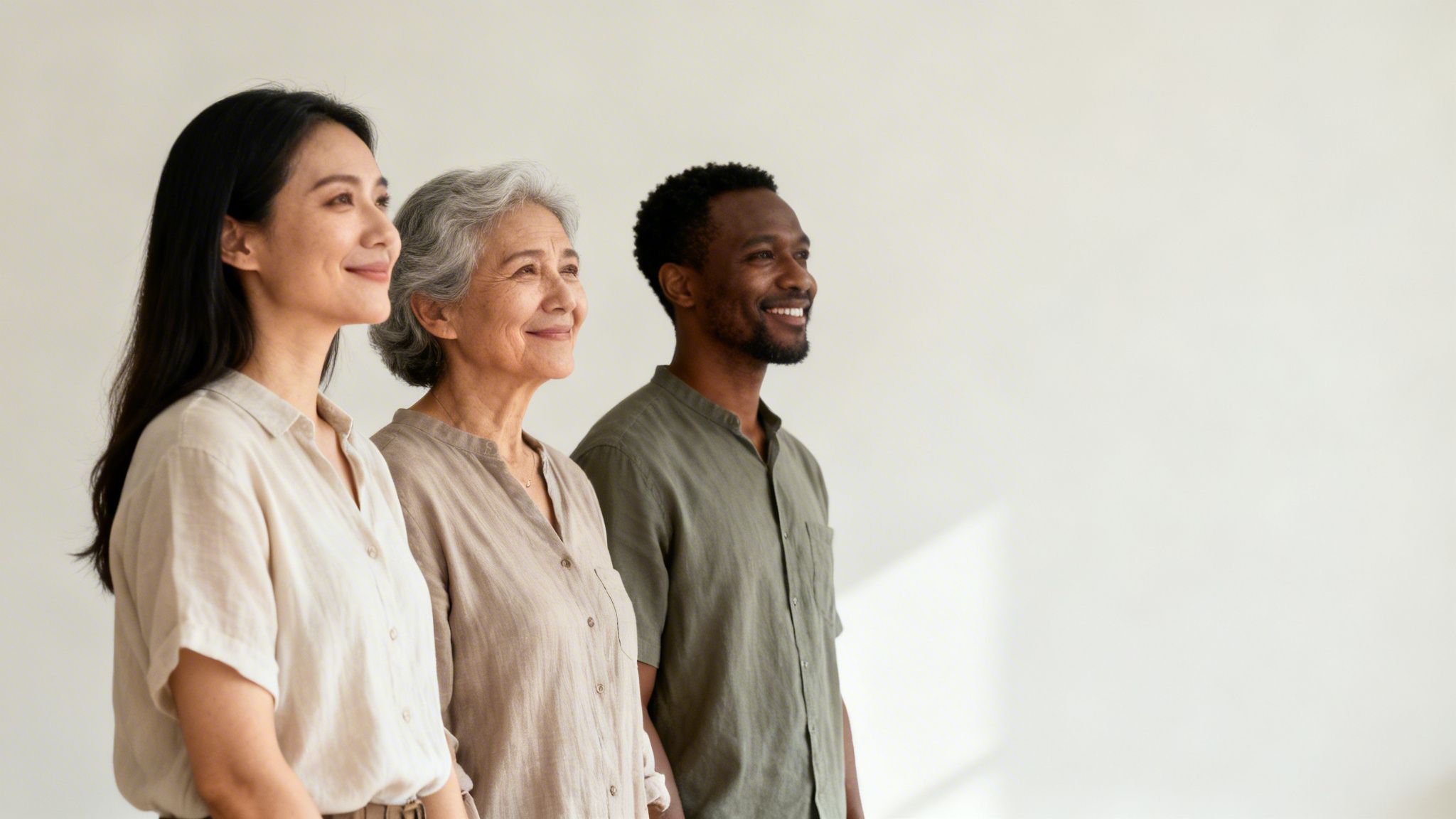 Trois personnes souriantes de générations et d'ethnies différentes regardent vers l'avenir, symbolisant la diversité et l'espoir.