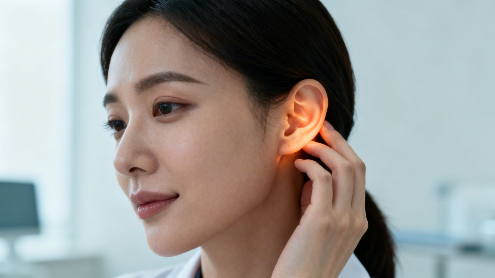 Une femme asiatique avec l'oreille droite illuminée, touchée par sa main, dans un cadre médical.