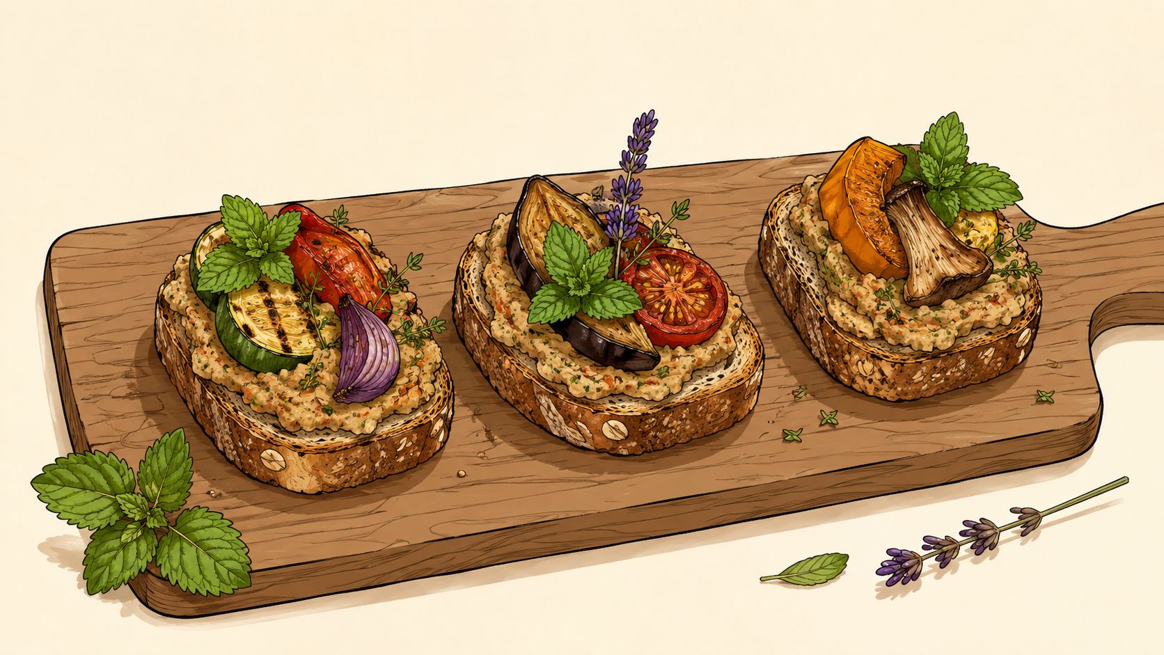 Trois tranches de pain grillé garnies de légumes rôtis et d'herbes aromatiques sur une planche en bois.