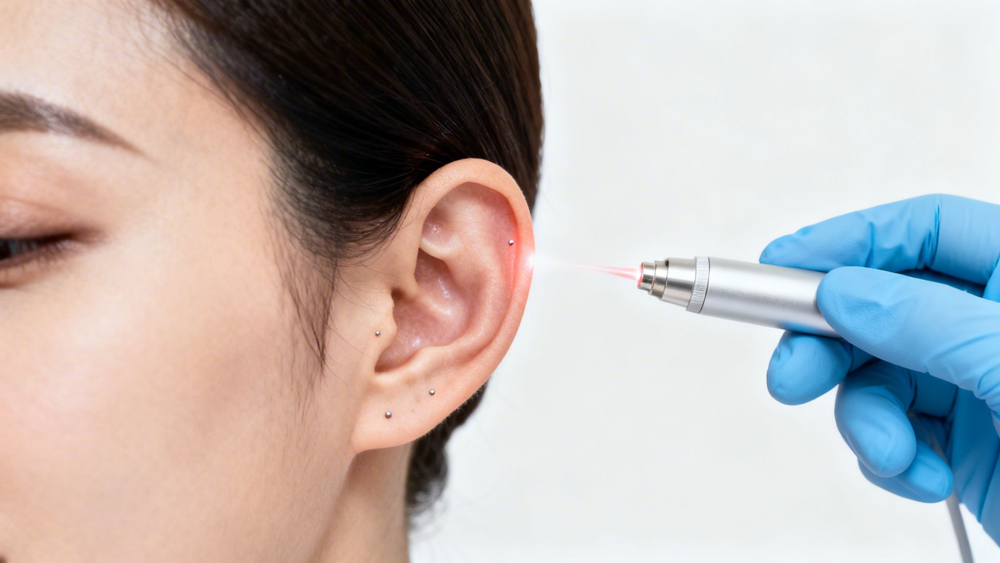 Main gantée appliquant un traitement laser rouge sur l'oreille d'une personne avec des piercings.