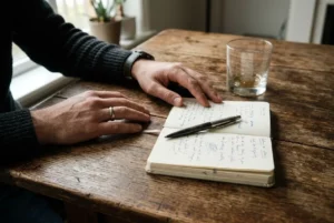 Personne écrivant dans un carnet posé sur une table en bois, avec un stylo et un verre à moitié vide à côté. Se veut un support pour "comment arrêter de boire de l'alcool définitivement".