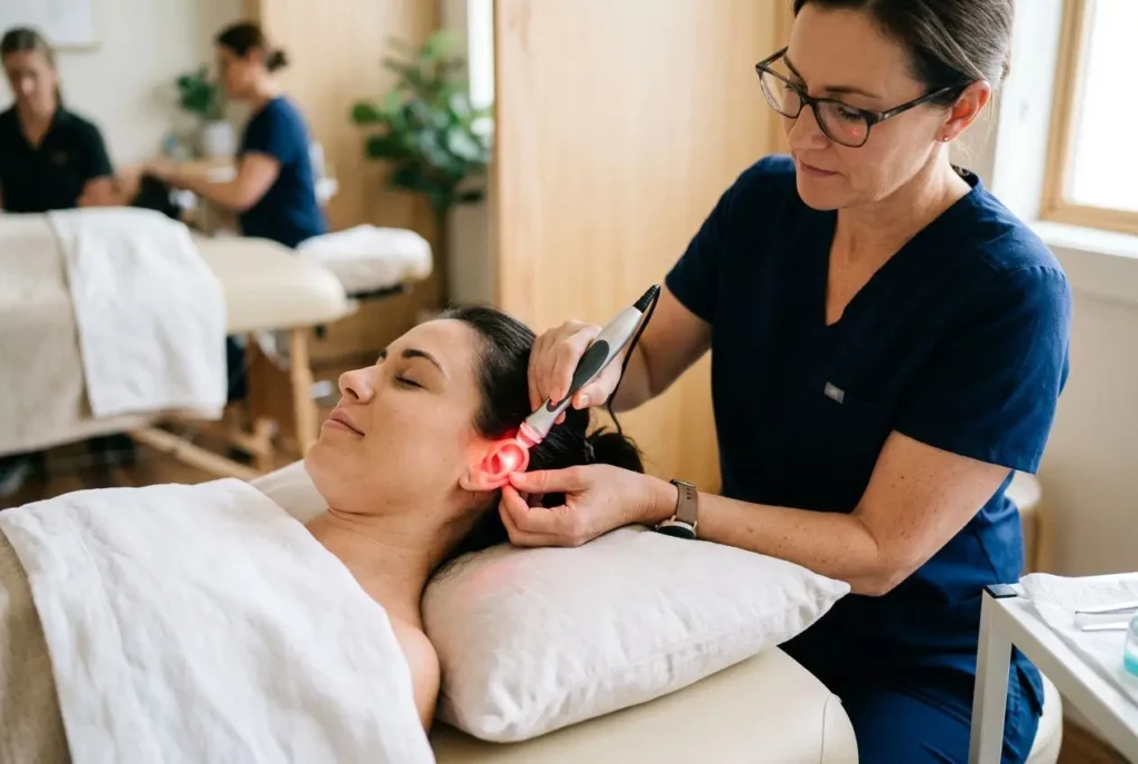 Personne recevant une séance d’auriculothérapie laser sur l’oreille, praticienne tenant l’appareil près du pavillon.