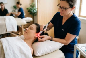 Personne recevant une séance d’auriculothérapie laser sur l’oreille, praticienne tenant l’appareil près du pavillon.