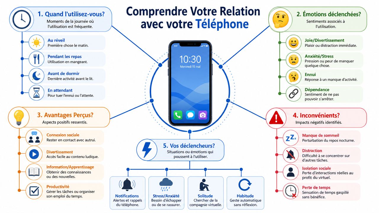 Infographie illustrant une analyse réflexive sur la relation et les habitudes d'utilisation quotidienne du téléphone portable.