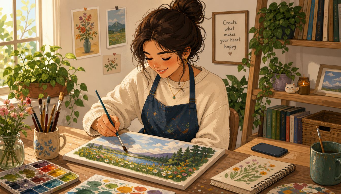 Une jeune femme joyeuse peint un paysage naturel sur une toile dans son atelier lumineux et chaleureux.