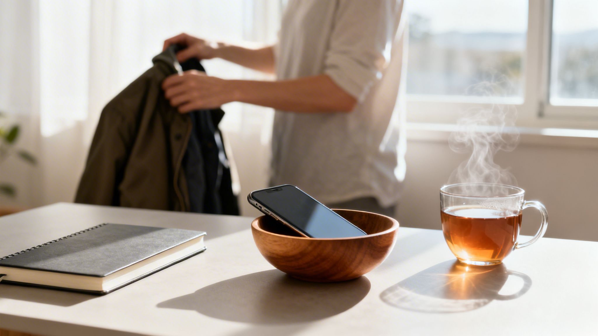 Une personne range sa veste. Sur la table, un téléphone dans un bol, thé fumant et carnet sur fond ensoleillé.