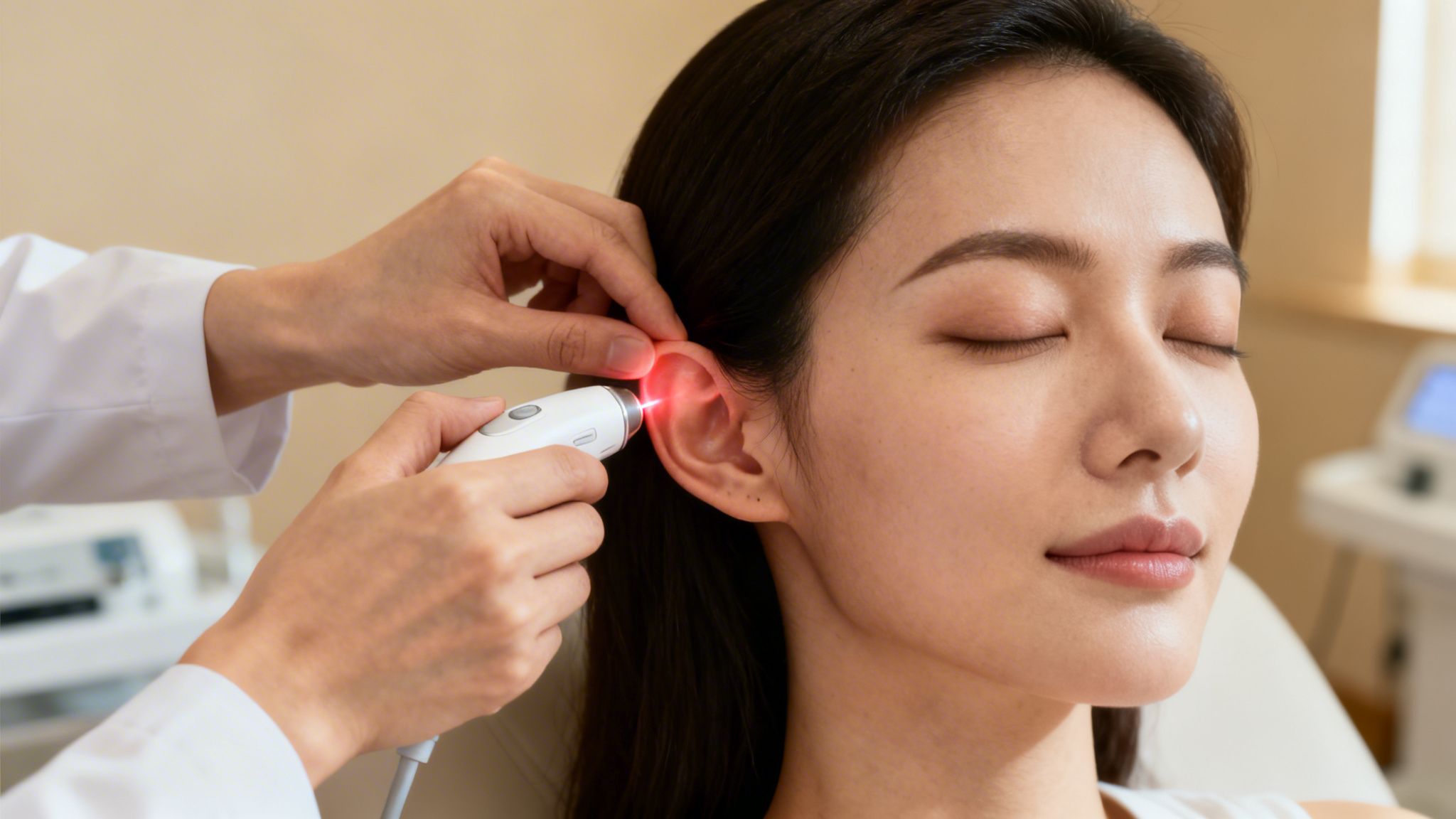 Un professionnel de la santé applique un traitement laser sur l'oreille d'une femme détendue.