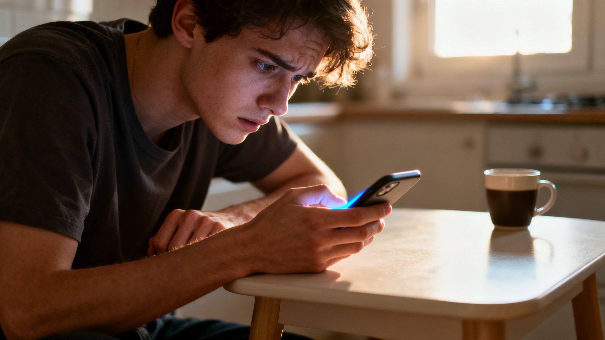 Jeune homme au regard concentré et préoccupé, utilisant son smartphone dans une cuisine lumineuse.