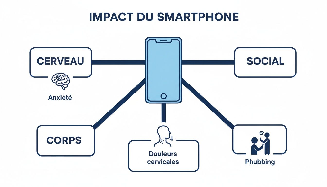 Infographie illustrant l'impact du smartphone sur le cerveau (anxiété), le corps (douleurs cervicales) et les interactions sociales (phubbing).