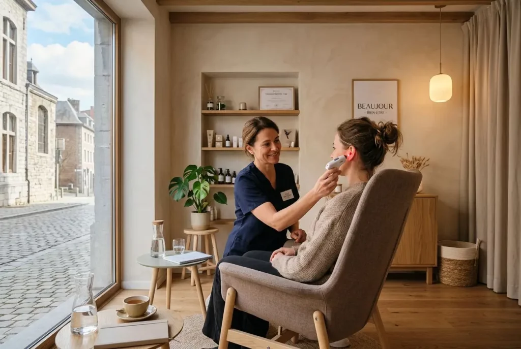 Praticienne en auriculothérapie liège réalisant une séance de soin à une cliente assise dans un fauteuil, dans un espace calme et lumineux.