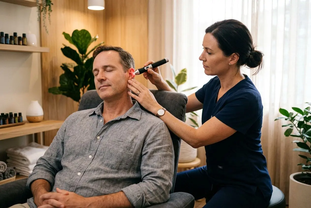 Auriculothérapie et sevrage alcool : libérez-vous de l'addiction au laser 3 Praticienne utilisant une laser sur l’oreille d’un homme détendu, en séance d’auriculothérapie sevrage alcool.