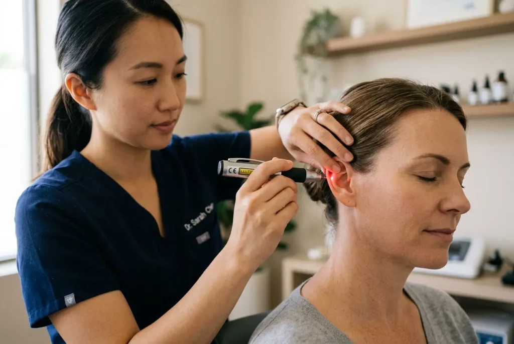 Praticienne utilisant le laser sur l’oreille d’une patiente pour l’auriculothérapie anti-addiction, en douceur. le laser pour arrêter le sucre intégré naturellement.