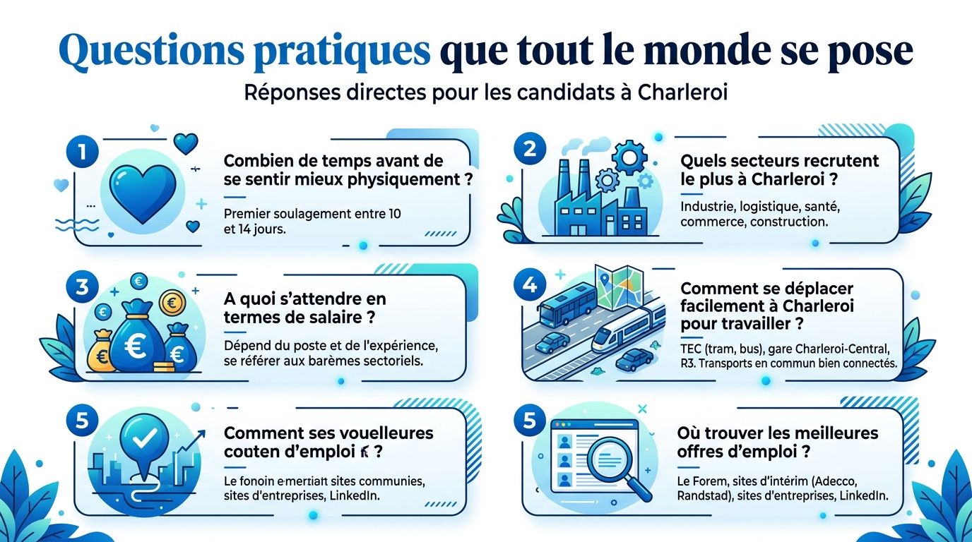 Infographie présentant des questions pratiques et réponses pour les candidats à la recherche d'un emploi à Charleroi.