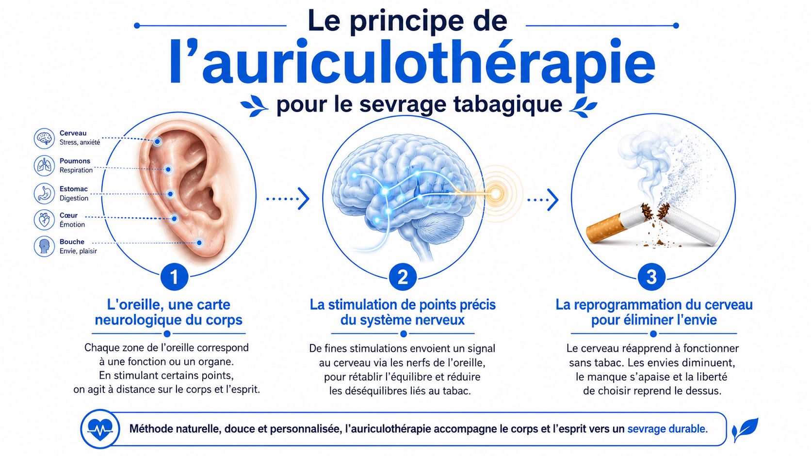Schéma explicatif du principe de l'auriculothérapie pour le sevrage tabagique en trois étapes illustrées.