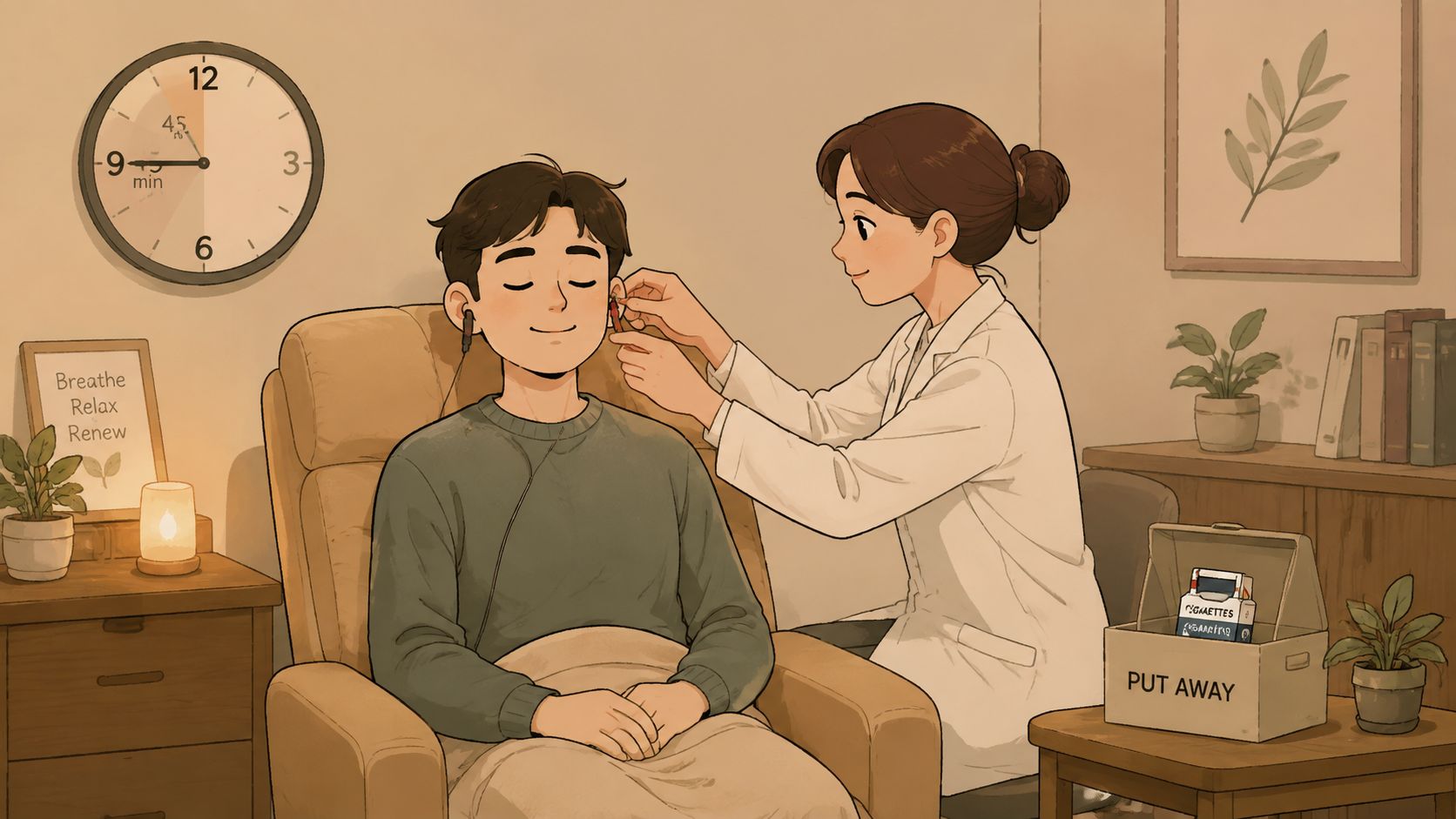 Une thérapeute place des électrodes d'acupuncture auriculaire sur un homme pour l'aider à arrêter de fumer