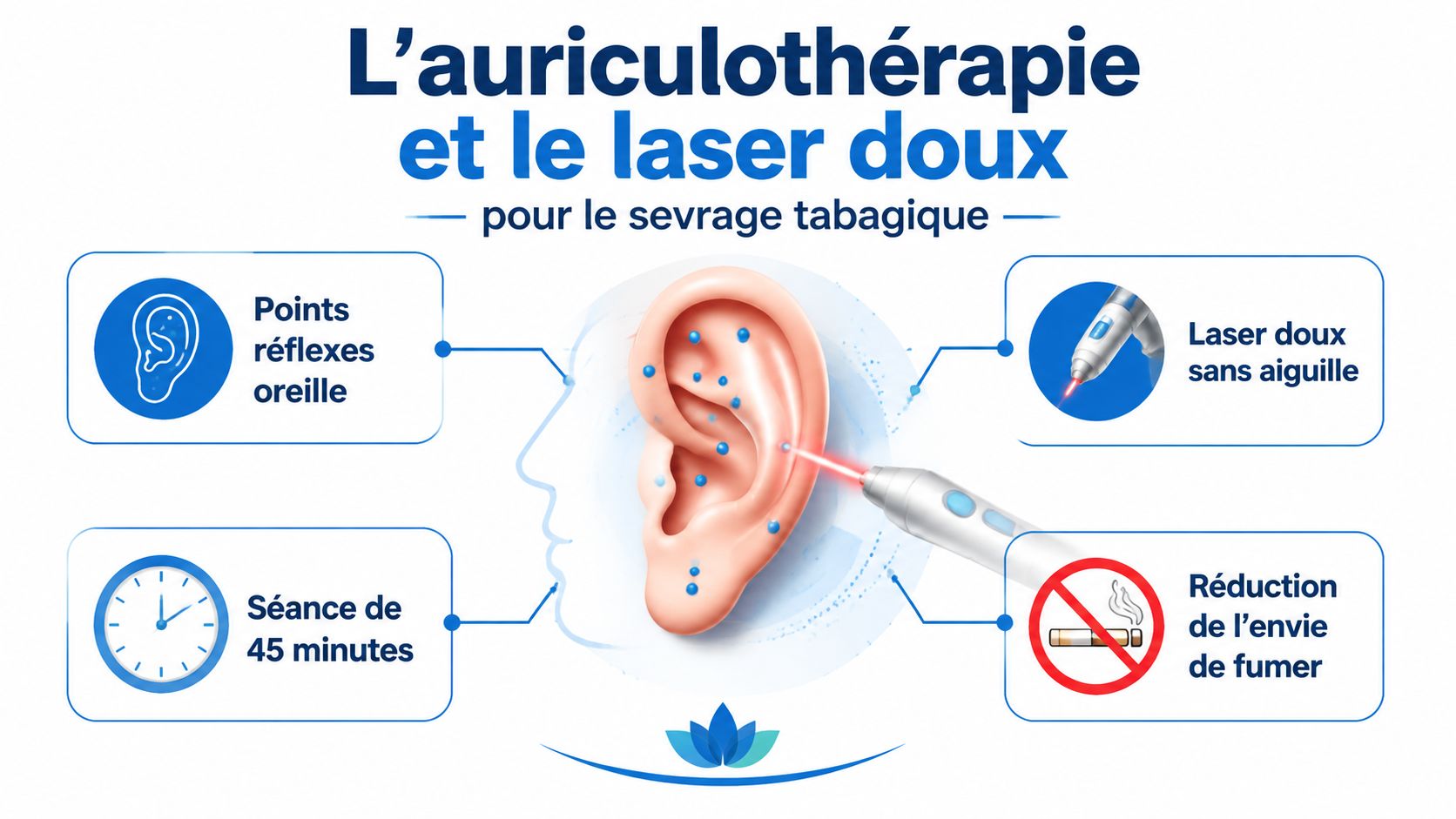 Illustration montrant les avantages de l'auriculothérapie par laser doux pour faciliter le sevrage tabagique en quarante-cinq minutes.