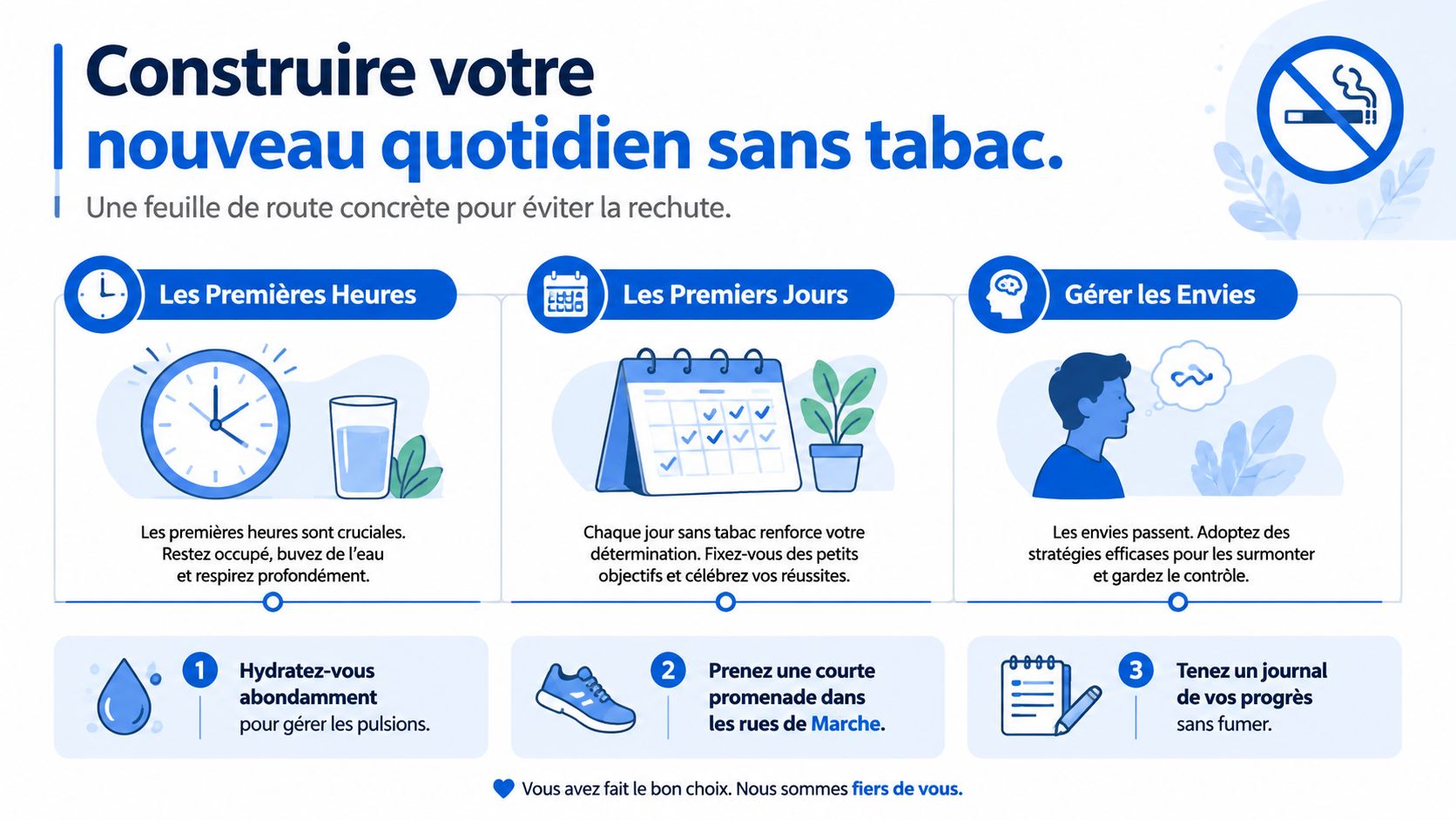 Une infographie informative en français sur les étapes essentielles pour réussir à arrêter de fumer au quotidien.