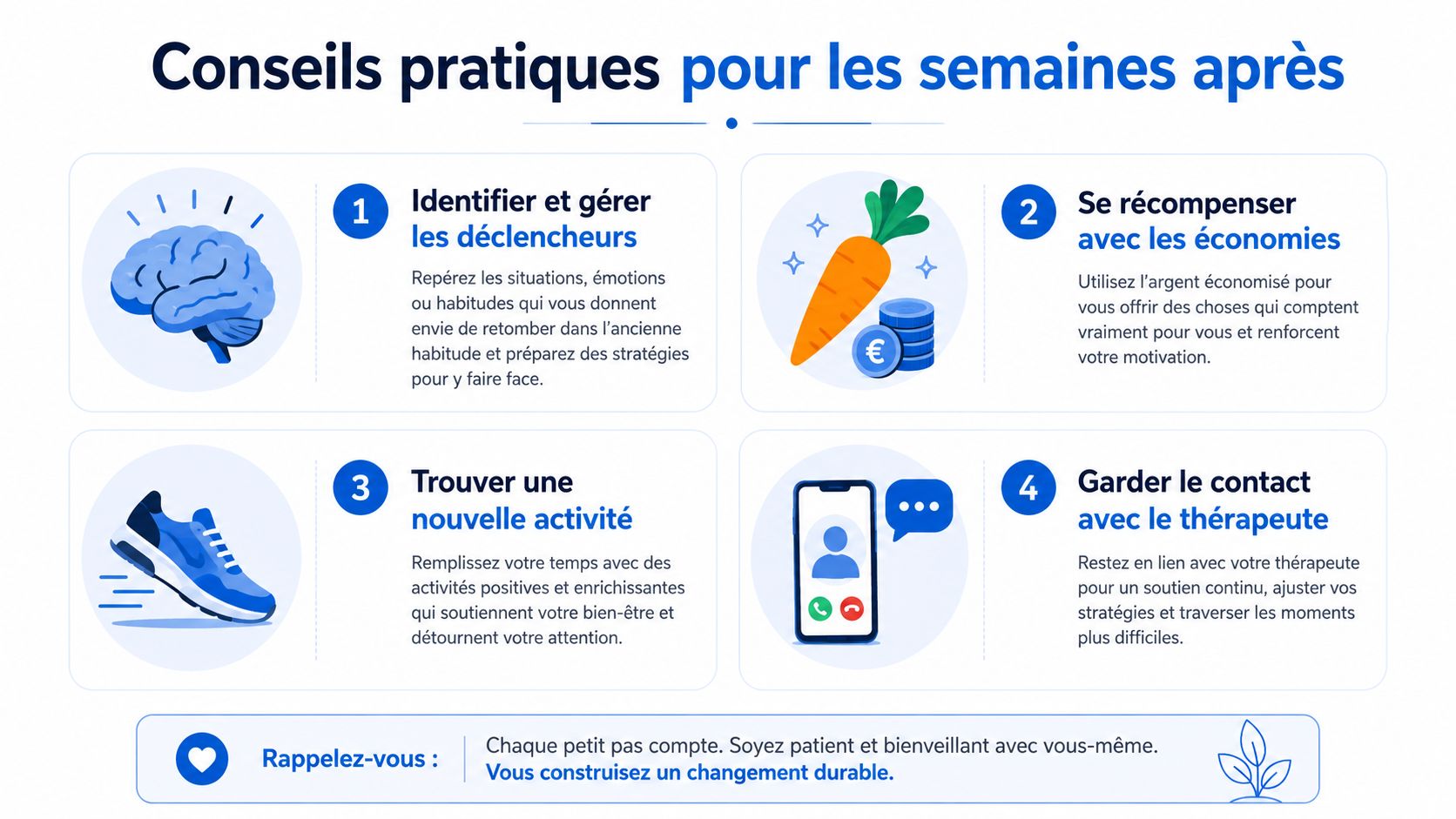 Conseils pratiques en quatre points pour maintenir ses bonnes habitudes sur le long terme après un arrêt.