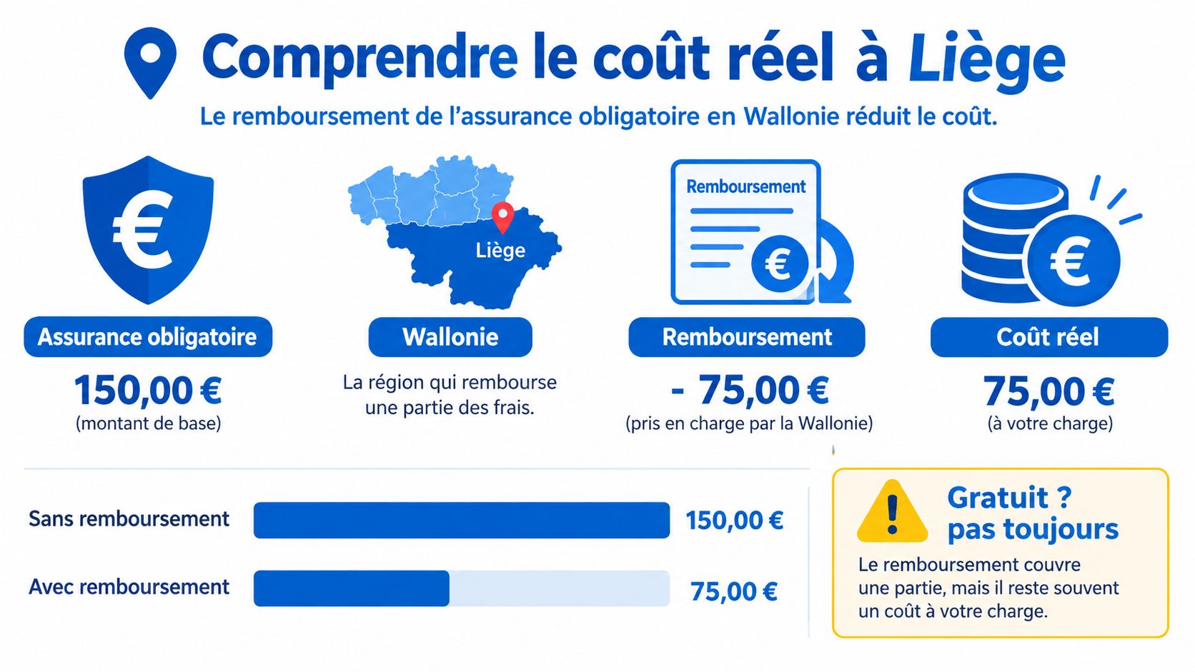 Infographie montrant le calcul du coût réel d'une assurance obligatoire à Liège après remboursement par la Wallonie.
