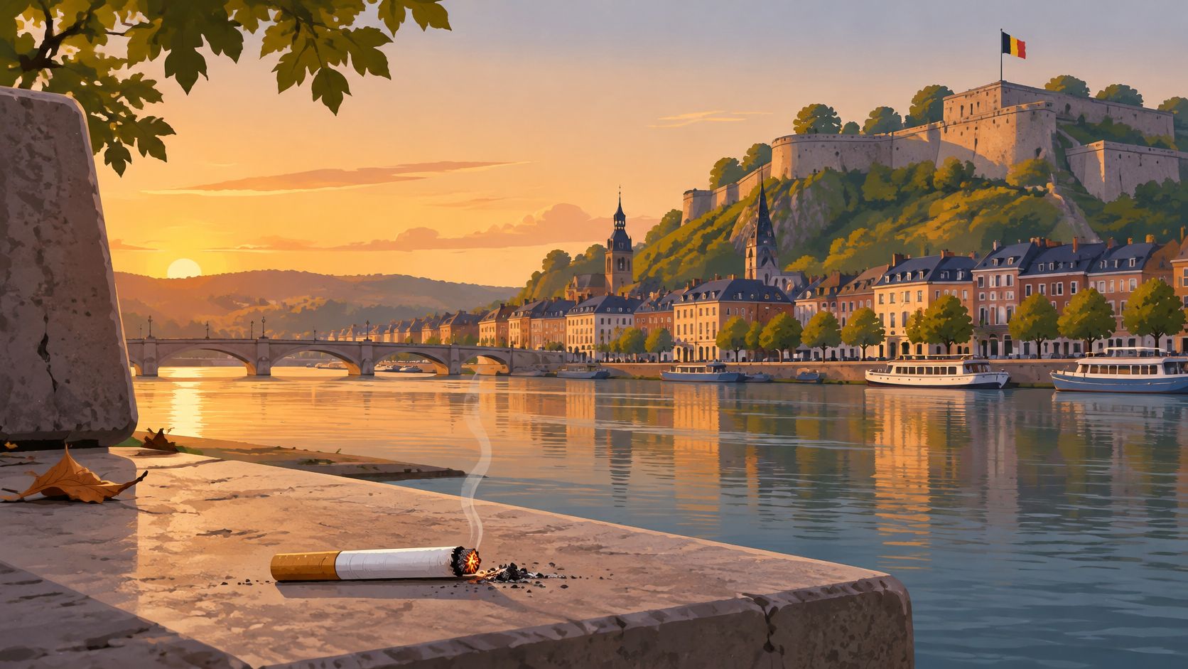 Une cigarette allumée posée sur un quai au bord de la Meuse avec la citadelle de Namur en arrière-plan.