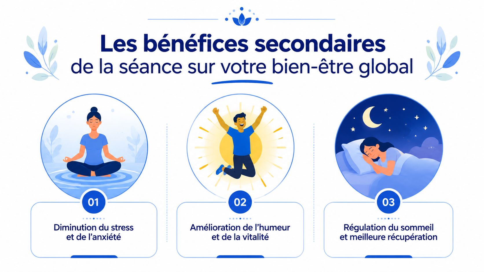 Infographie montrant les bénéfices d'une séance sur le stress, l'humeur et le sommeil pour le bien-être.