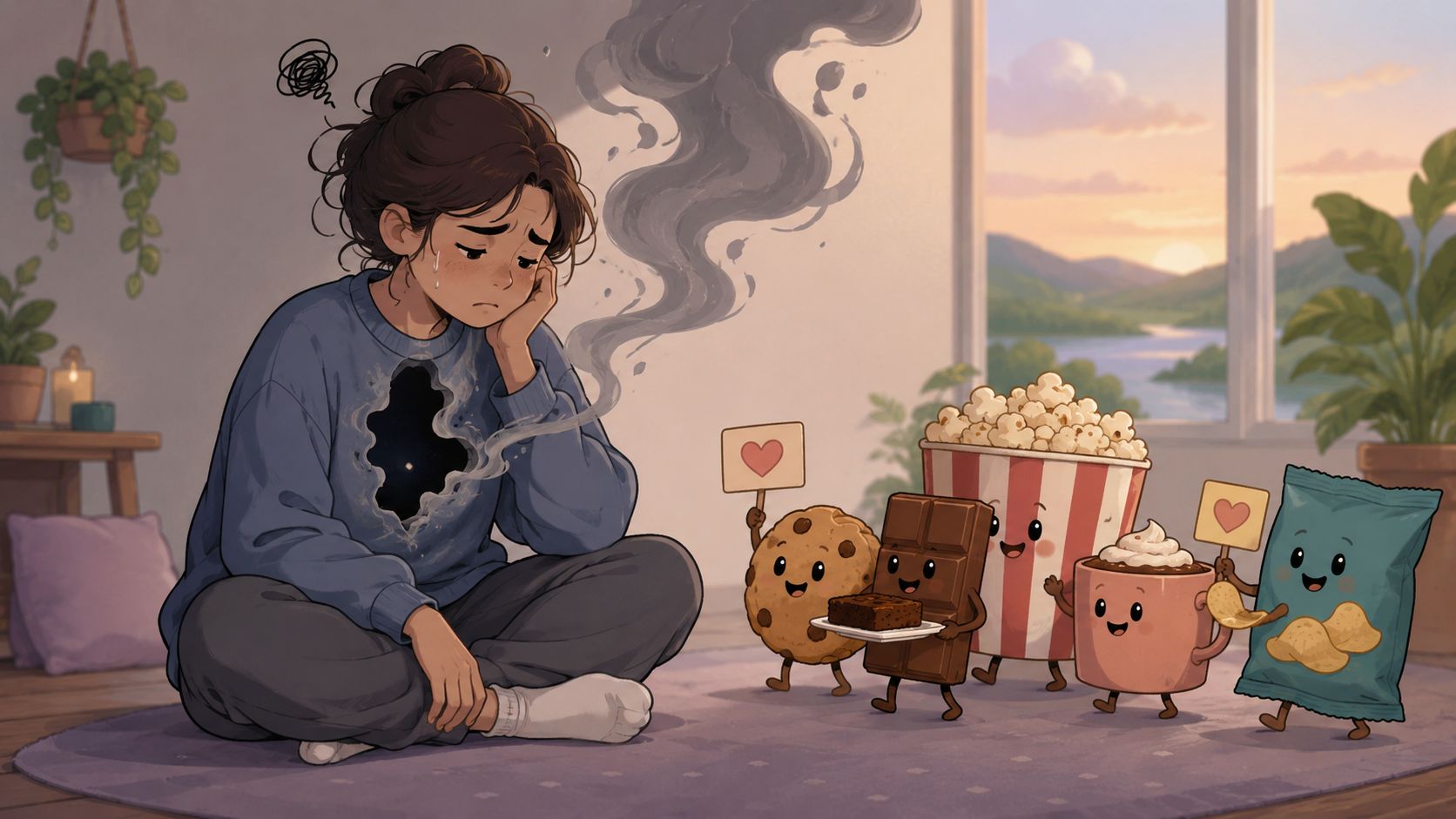 Une jeune femme triste entourée de nourriture réconfortante anthropomorphe pour surmonter le stress de l'arrêt du tabac.