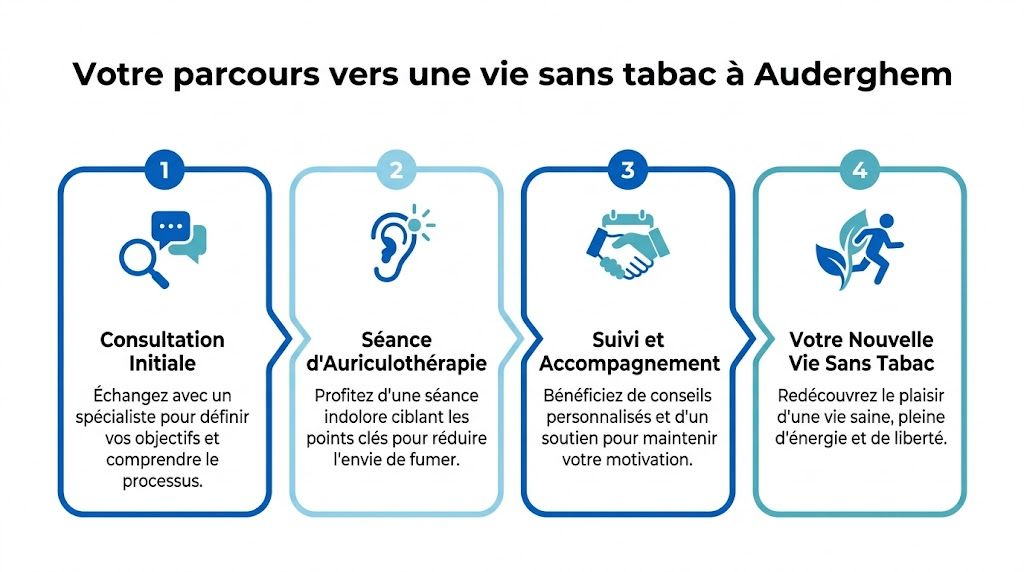Infographie illustrant le processus en quatre étapes pour arrêter de fumer grâce à l'auriculothérapie à Auderghem.