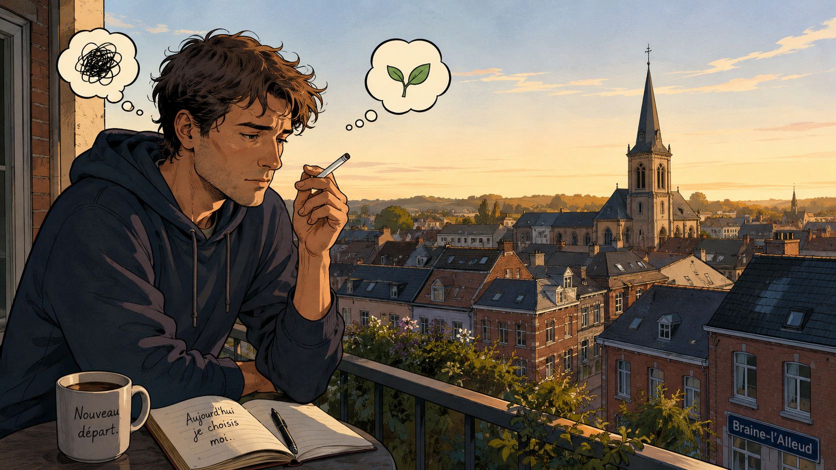 Un jeune homme pensif sur un balcon à Braine-l'Alleud, tenant une cigarette, réfléchissant à un nouveau départ.