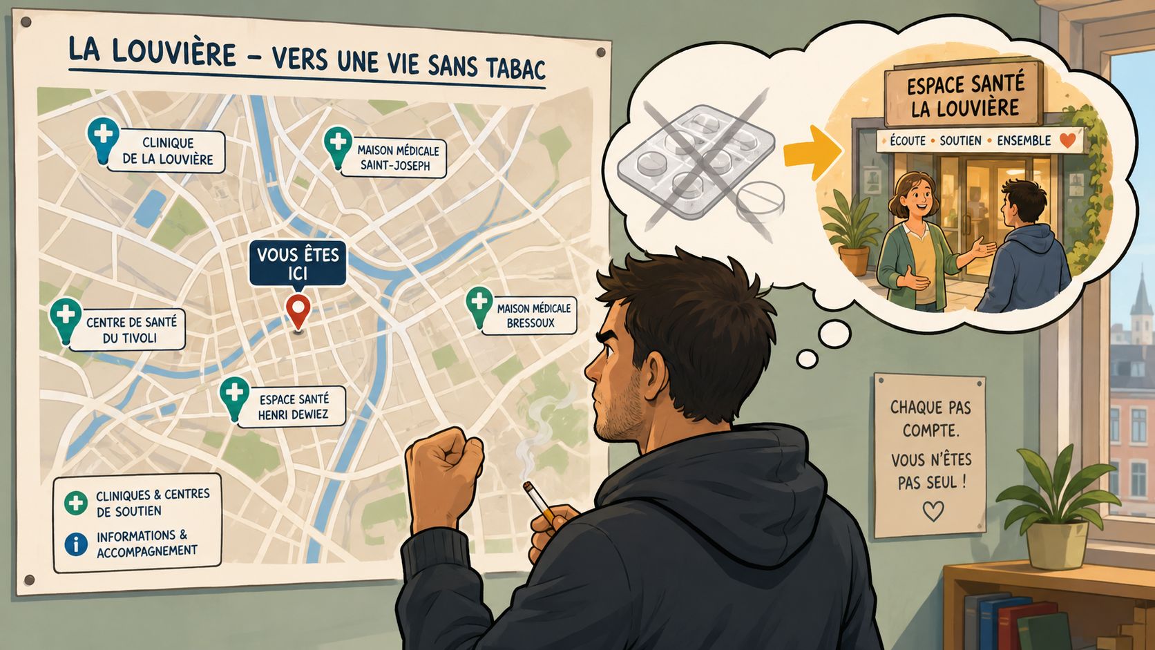 Un homme regarde une carte de La Louvière pour trouver de l'aide afin d'arrêter de fumer.