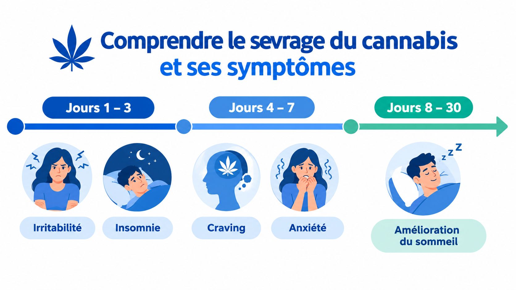 Une infographie montrant les différentes phases et symptômes du sevrage du cannabis sur une période de 30 jours.