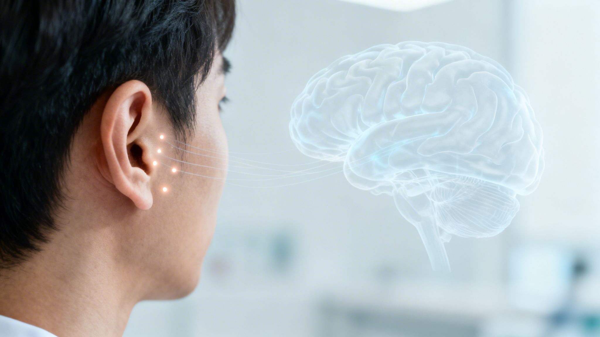 Traitement addiction rapide Belgique une séance 4 Homme recevant une stimulation cérébrale via des points lumineux connectés à un cerveau numérique, technologie médicale.