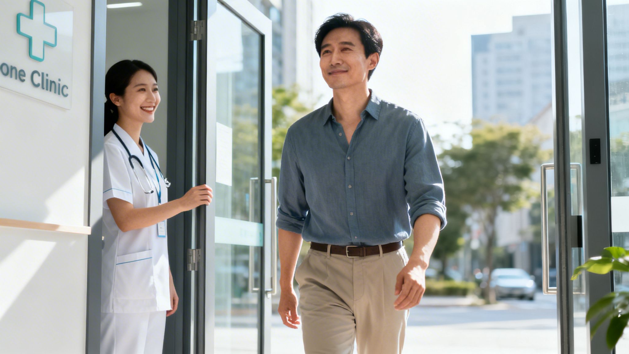 Traitement addiction rapide Belgique une séance 6 Une infirmière souriante ouvre la porte d'une clinique à un patient homme qui en sort.